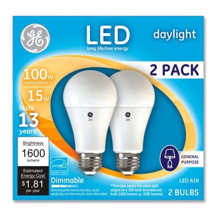 100W Led Bulbs, 15 W, A19, Daylight, 2/Pack